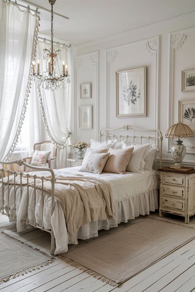 Shabby chic white bedroom centered around a white ornate iron bed frame, dressed with ruffled bedding, distressed furniture, sheer curtains, and framed botanical prints.