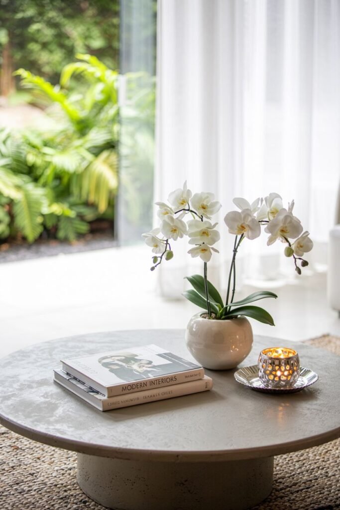 A round concrete coffee table features stacked books, a white orchid in a simple white pot, and a lit candle in a votive holder.