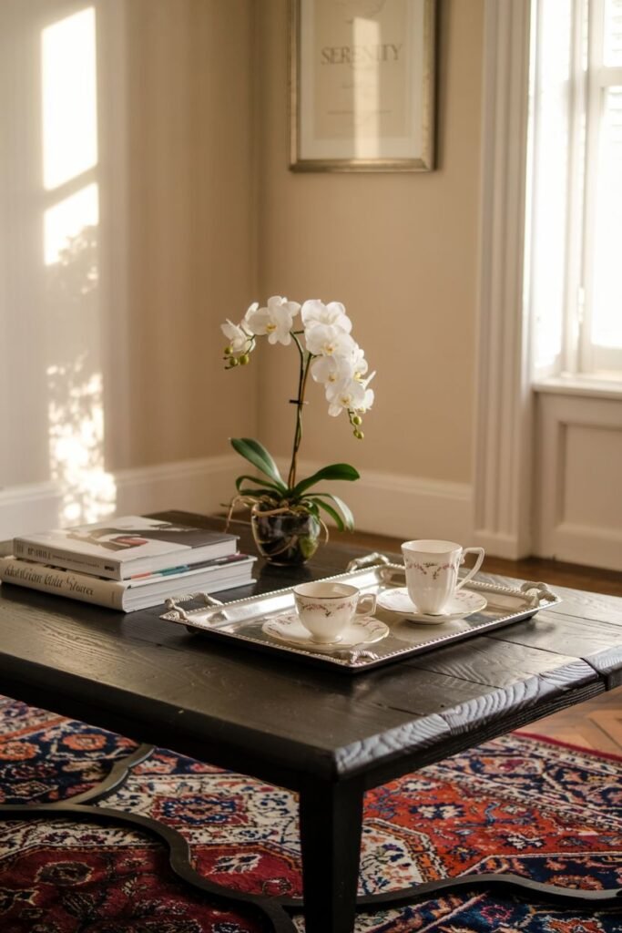 A dark wood coffee table holds a silver tray with teacups and saucers, and a white orchid in a pot next to stacked books.