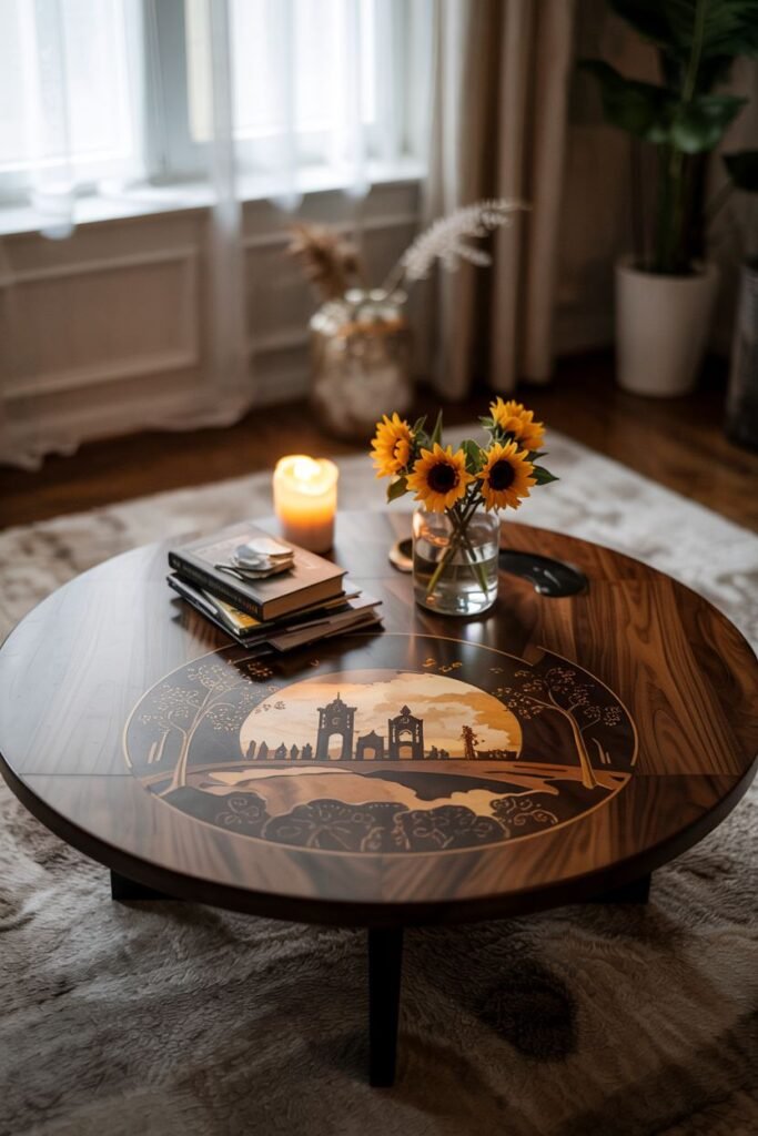 A circular wood coffee table with an inlaid design features a glass vase with sunflowers, stacked books, and a lit candle in a glass holder.