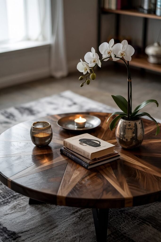 A round coffee table with a patterned wood surface holds a white orchid in a metallic pot, a lit candle in a ribbed glass holder on a plate, and stacked books.