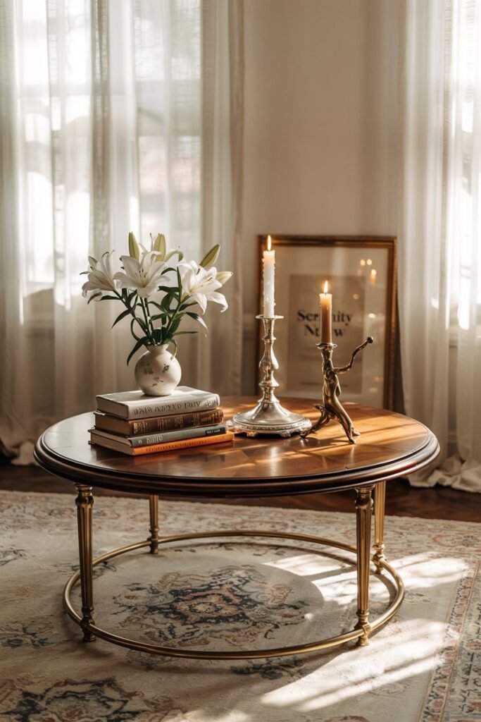 A round wood coffee table displays a vase of white lilies, stacked books, a tall candle in a silver holder, and a small decorative sculpture.