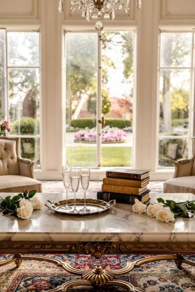 A marble-top coffee table with a gold base is decorated with a silver tray holding champagne flutes, stacked books, and white roses placed around them.