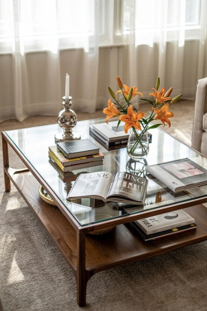 A glass-top coffee table with a lower shelf is styled with stacked books and magazines, a clear vase with orange lilies, and a tall candle in a silver holder.