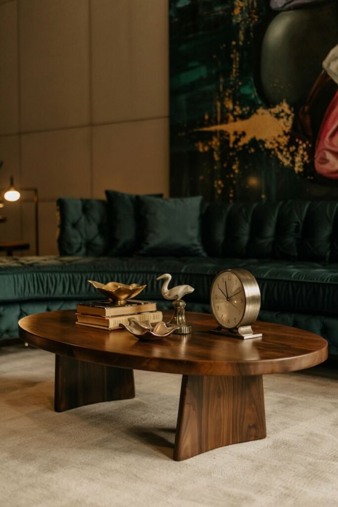 A modern oval wood coffee table displays decorative metallic bowls and figurines, a decorative clock, and stacked books underneath.