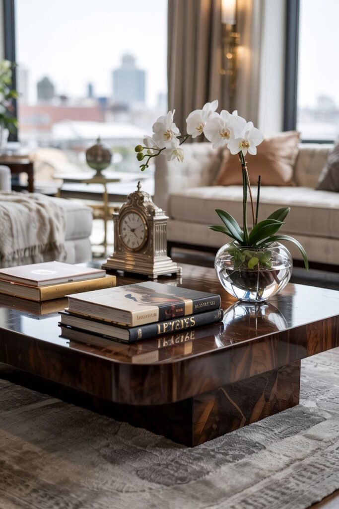 A highly polished wood coffee table is decorated with stacked books, a white orchid in a glass bowl, and a silver decorative clock.