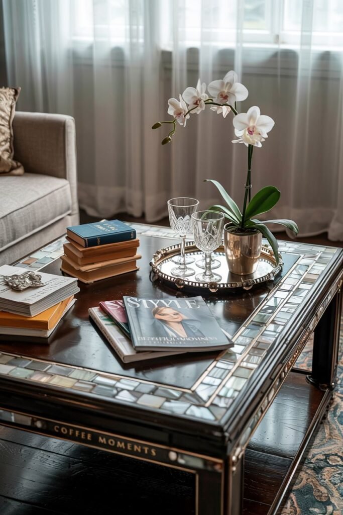 A dark wood coffee table with mosaic tile details holds a white orchid in a metallic pot, decorative glasses on a silver tray, and stacked magazines and books.