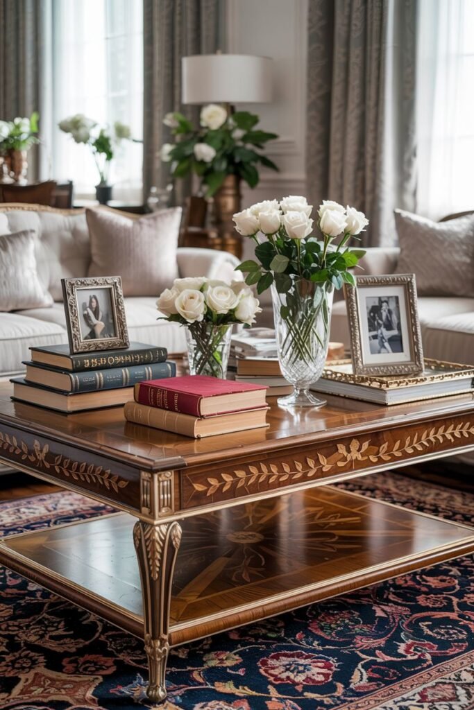 A traditional wood coffee table with carved details displays clear vases filled with white roses, framed photos, and stacked books on both the top and lower shelf.