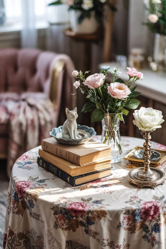 A round table with a floral tablecloth displays stacked vintage books, a small white cat figurine, a vase of pink and white roses, and an antique-style candle holder.