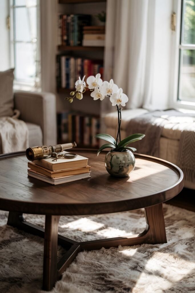 A round wood coffee table is decorated with stacked books topped with a small decorative telescope, and a white orchid in a textured pot.