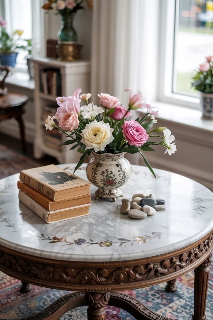 A round marble-top table with floral inlay displays a decorative vase filled with mixed pink and white flowers, stacked vintage books, and a small cluster of rounded stones.