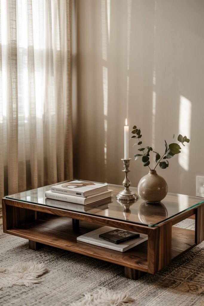 A glass-top coffee table with a lower wood shelf holds stacked books, a simple vase with a branch of greenery, and a lit tall candle in a silver holder.