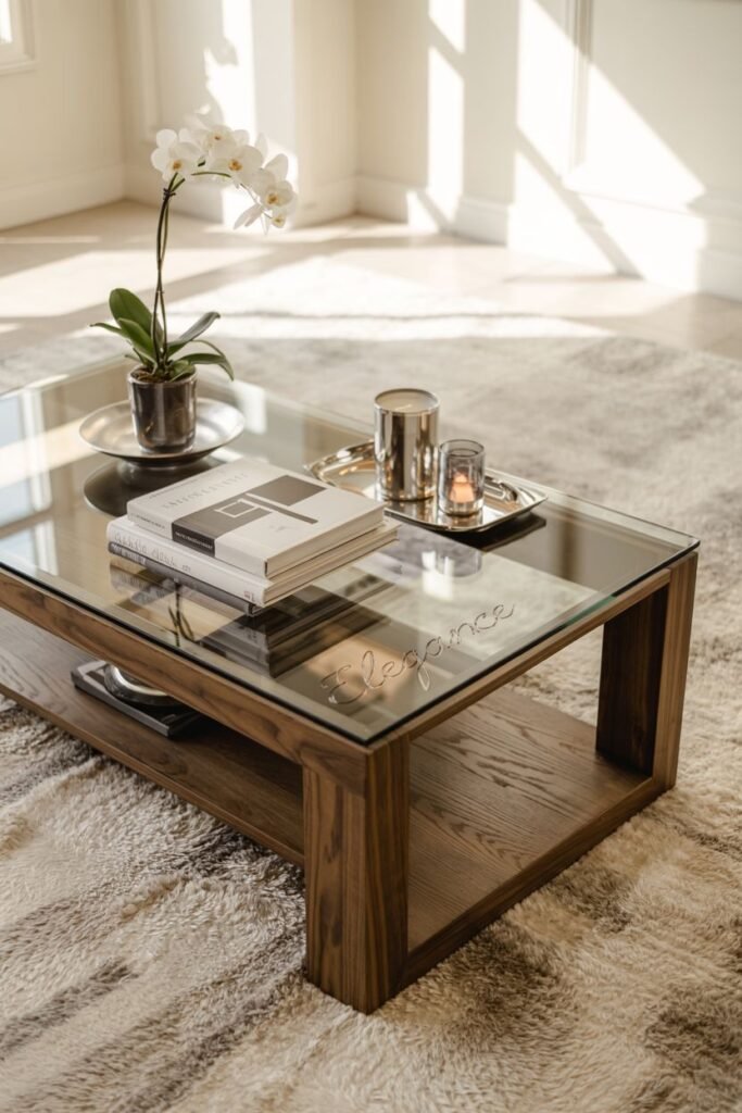 A glass-top coffee table with wooden legs displays stacked books, a white orchid in a small pot, and a lit candle in a metallic votive holder on a small plate.