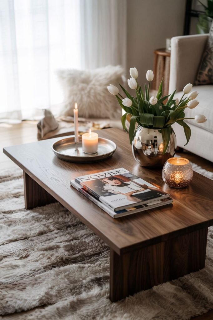 A low, rectangular wood coffee table features a metallic vase filled with white tulips, lit candles of varying heights on a tray, and a magazine laid flat.