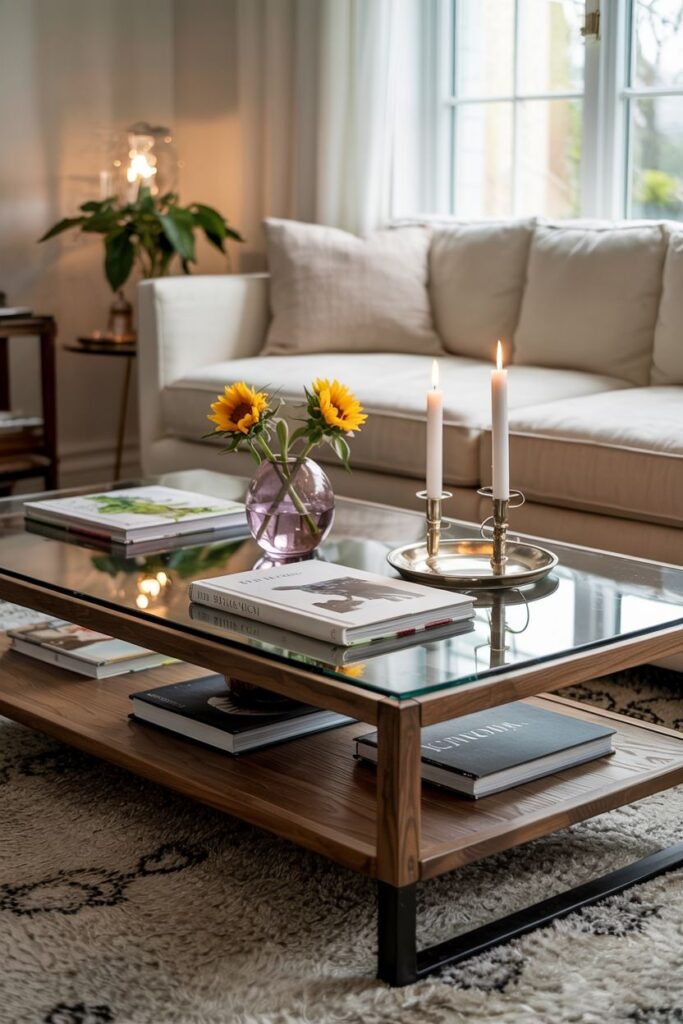 A glass-top coffee table with a wood and metal base holds stacked books and magazines, a small vase with sunflowers, and two tall candles in silver holders on a tray.