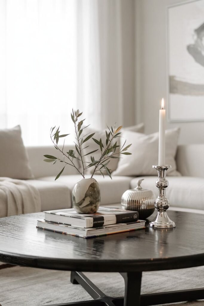 A round dark wood coffee table displays stacked books and magazines, a small metallic vase with a branch of greenery, a tall candle in a silver holder, and a silver decorative pumpkin.