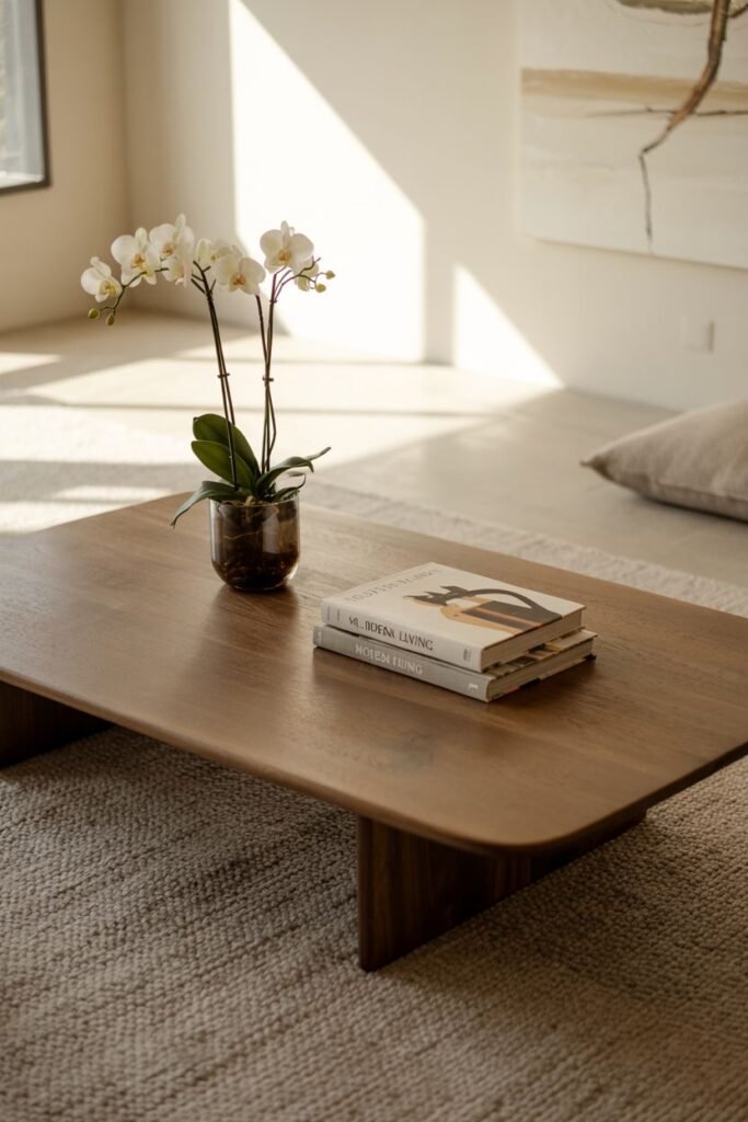 A low, wide wood coffee table features two stacked books with light-colored covers and a white orchid in a dark pot.
