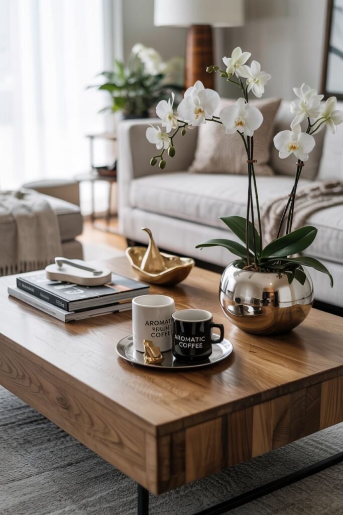 A rectangular wood coffee table is styled with a white orchid in a large metallic pot, a silver tray with two coffee cups, stacked books, a golden bird figurine, and a small dish.