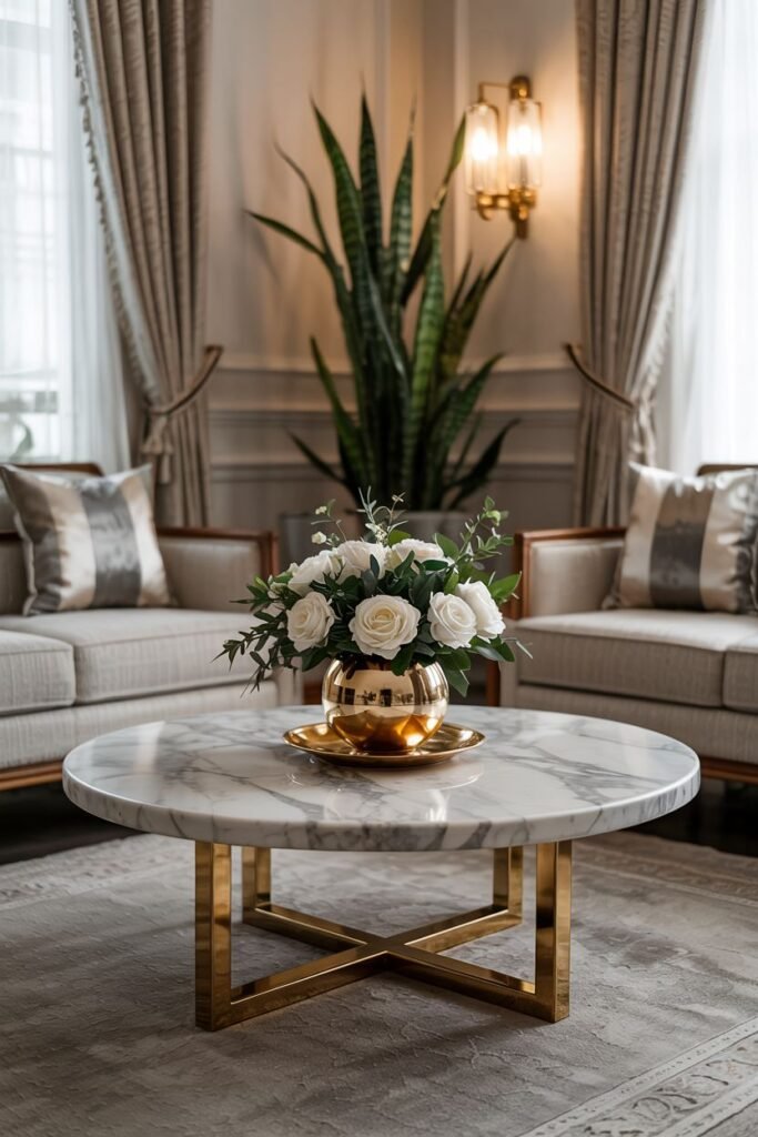 A round marble-top coffee table with a gold base holds a gold metallic vase filled with white roses on a small gold tray.