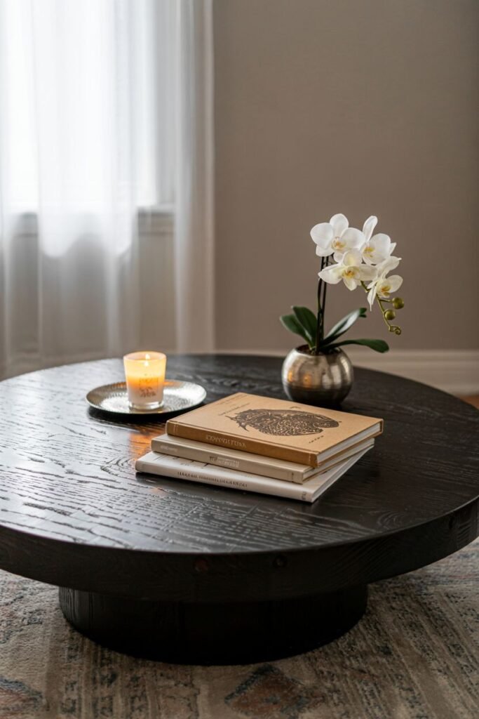 A dark wood coffee table holds stacked books, a white orchid in a metallic pot, and a lit candle in a votive holder on a small dish.