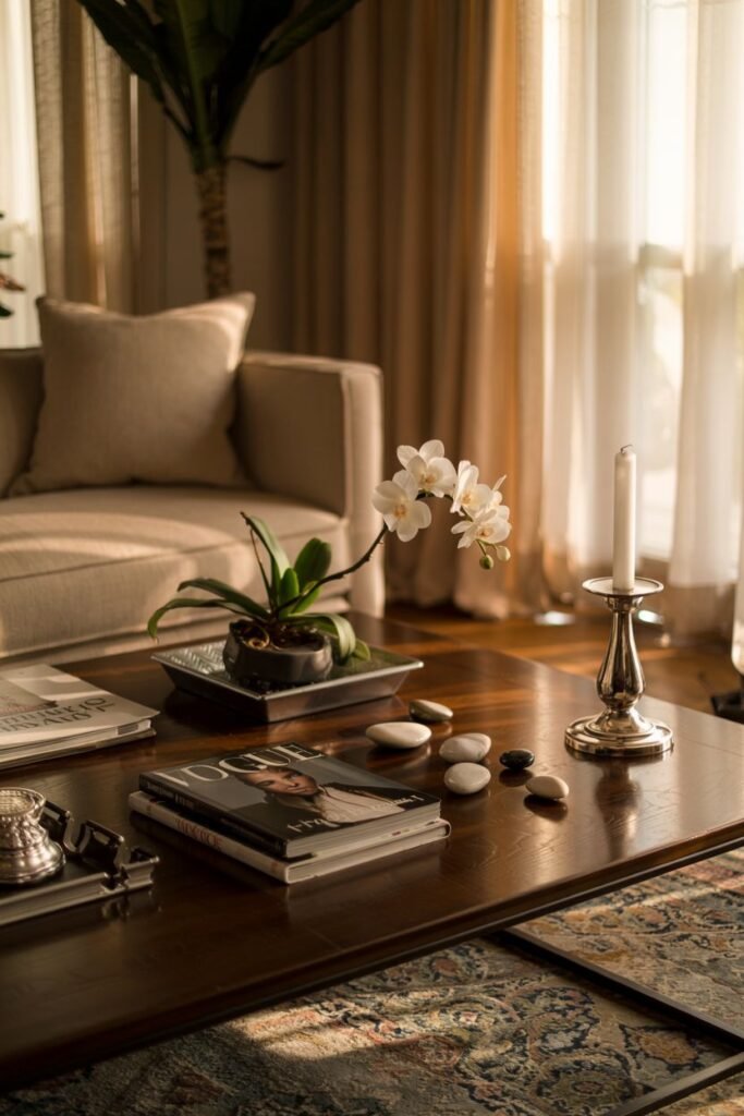 A polished wood coffee table is styled with stacked magazines, a white orchid in a dark pot on a tray, smooth stones, and a tall candle in a silver candle holder.