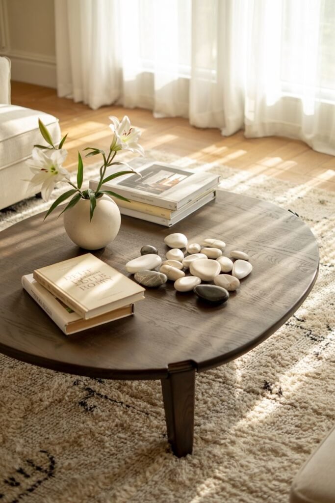 A round dark wood coffee table features a cluster of rounded stones, a small vase with white lilies, and stacked books.