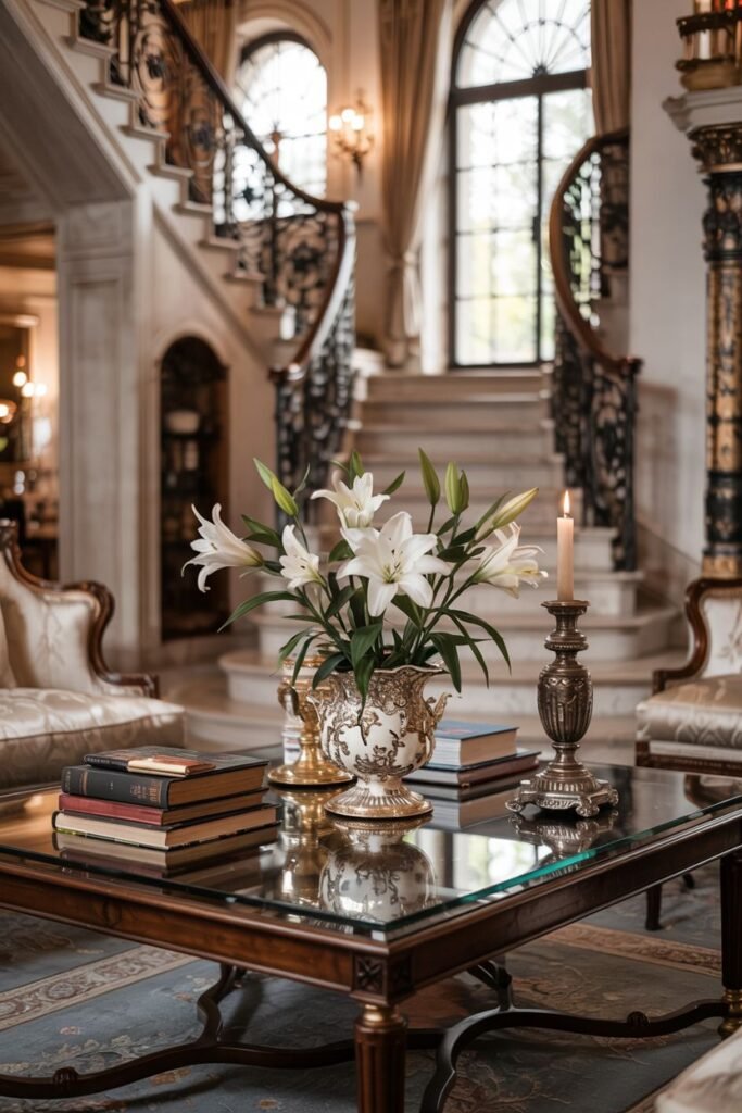 A glass-top coffee table is decorated with stacked books, a decorative silver vase filled with white lilies, and a tall candle in a silver candle holder.