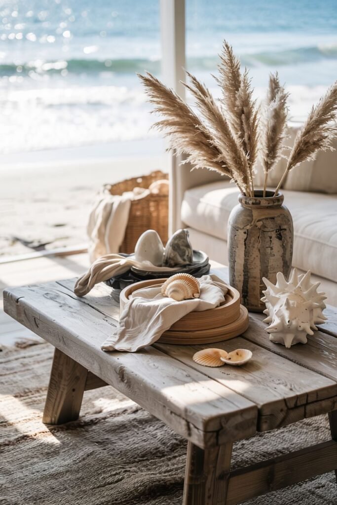 A rustic wooden coffee table holds seashells on dishes, other beach finds, and a textured vase filled with dried grasses.