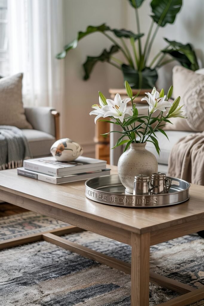 A wooden coffee table is styled with a vase of white lilies, stacked books, and a silver tray with coffee cups.