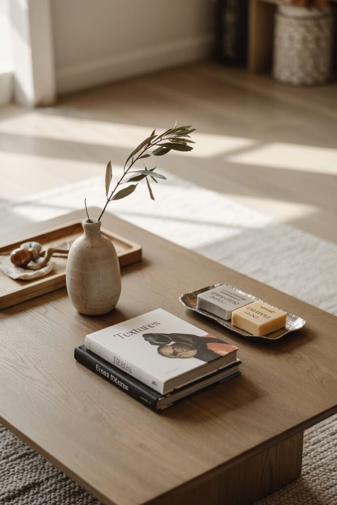 A wooden coffee table displays two stacked books, a ceramic vase containing a single branch with leaves, and a small dish with soap.