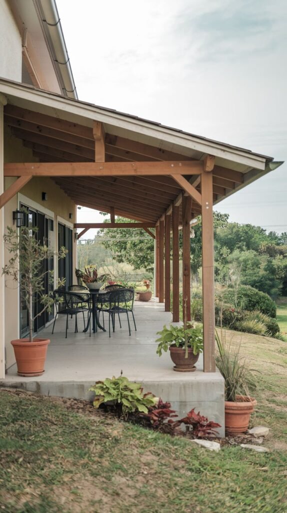 A concrete patio covered by a wooden roof supported by wooden posts. The patio has a small round table and chairs, surrounded by potted plants and landscaping. The house wall is visible on the left, and trees and sky are in the background.