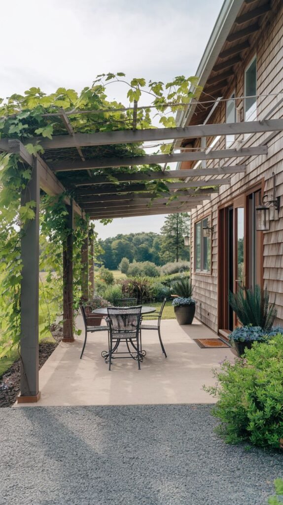 A concrete patio with a wooden pergola covered in vines. The patio has a round metal table and chairs. Potted plants are placed near the house wall. A gravel path leads up to the patio. A garden and trees are visible in the background.