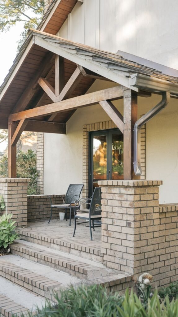 A brick patio and steps leading up to a house entrance. The patio is partially covered by a wooden roof with visible beams, supported by brick pillars. Simple chairs are placed on the patio. A large glass door leads into the house.