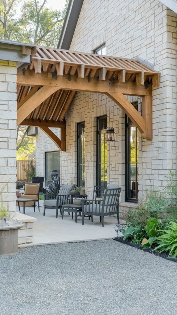 A patio paved with concrete and gravel, adjacent to a light-colored stone house. A wooden pergola with decorative beams extends from the house wall, supported by a stone column. The patio is furnished with outdoor seating and a coffee table.