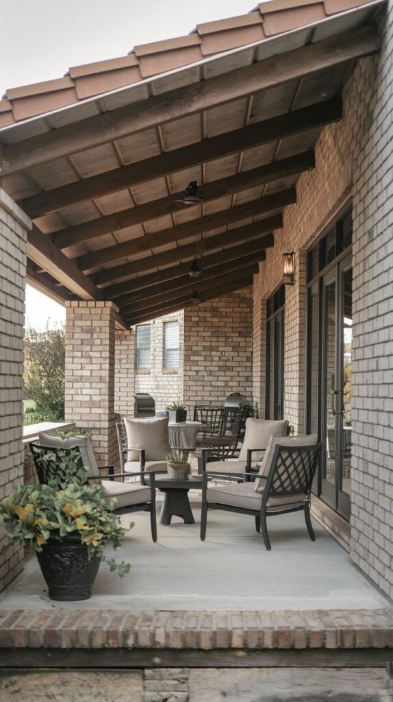 A long, covered patio next to a light brick house. The roof is tiled and supported by brick columns. The patio is furnished with comfortable outdoor chairs and a small table, arranged as a seating area. Ceiling fans are mounted on the roof.