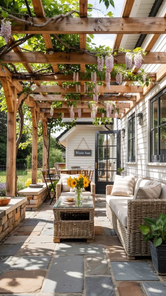 A patio paved with large stone tiles and gravel. A wooden pergola covered in flowering vines provides shade over a section of the patio. The patio has both a seating area with wicker furniture and a dining area with a table and chairs. String lights are hung overhead.