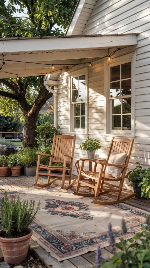 A wooden deck next to a white house. The deck has a large outdoor rug, two wooden rocking chairs, and a small table. Potted plants are arranged around the deck. String lights are hung overhead.