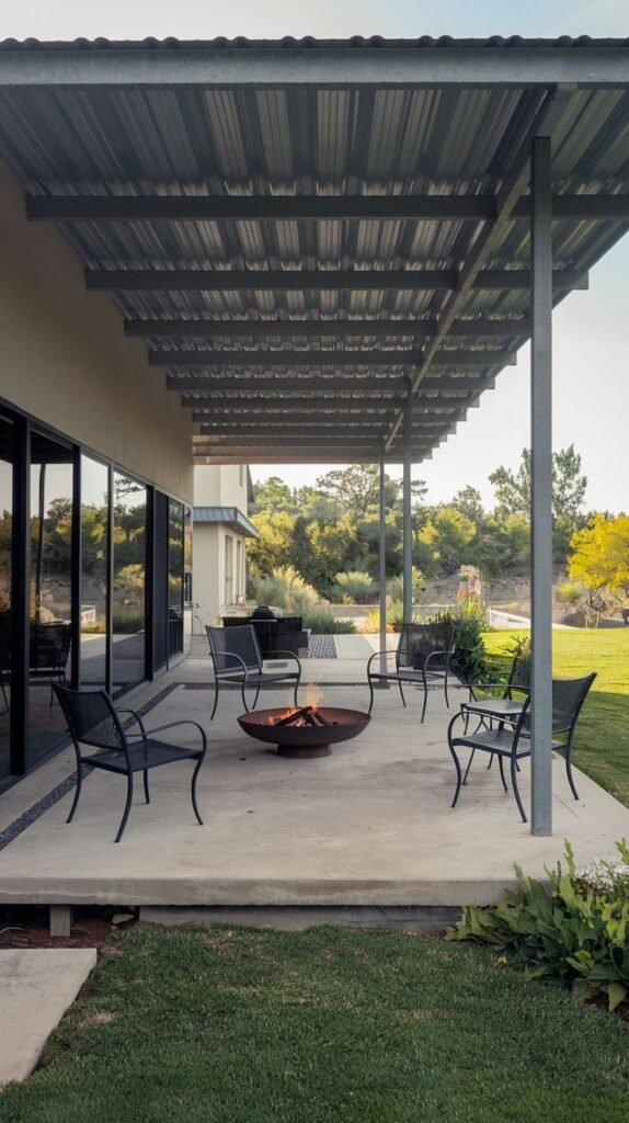 A concrete patio beneath a modern metal roof supported by metal posts. The patio is furnished with metal chairs surrounding a fire pit. The house and large glass doors are visible on the left, and trees and vegetation are in the background.