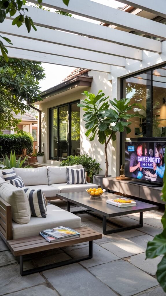 A stone patio next to a modern house with large glass doors. A white pergola extends over the patio, partially covered by plants. The patio has a large sectional sofa and coffee table, and a television is set up against the house wall.
