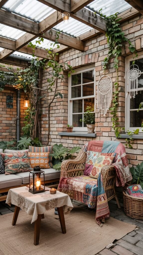 A cozy outdoor space with a brick floor and walls, partially covered by a clear corrugated roof supported by wooden beams. Vines grow on the brick walls. The space is furnished with wicker chairs, pillows, blankets, and a small table with a lantern.