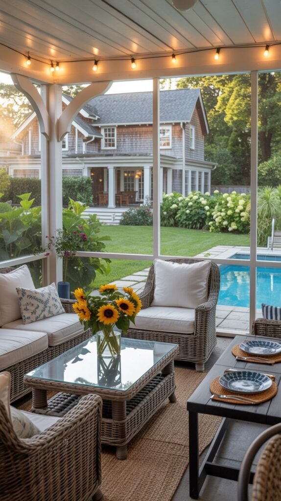 A screened-in porch with a paved floor. The porch is furnished with comfortable wicker seating, including a sofa and chairs, around a glass-topped coffee table. A dining table is also set up. The porch overlooks a backyard with a pool and a house. Sunflowers are on the coffee table.