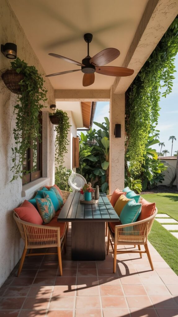 A covered patio with a red tile floor. The ceiling has a large wooden fan. The patio is furnished with wicker chairs and a wooden table, set up as a dining area, adorned with colorful pillows. Vines hang from the ceiling. Lush greenery is visible in the backyard.