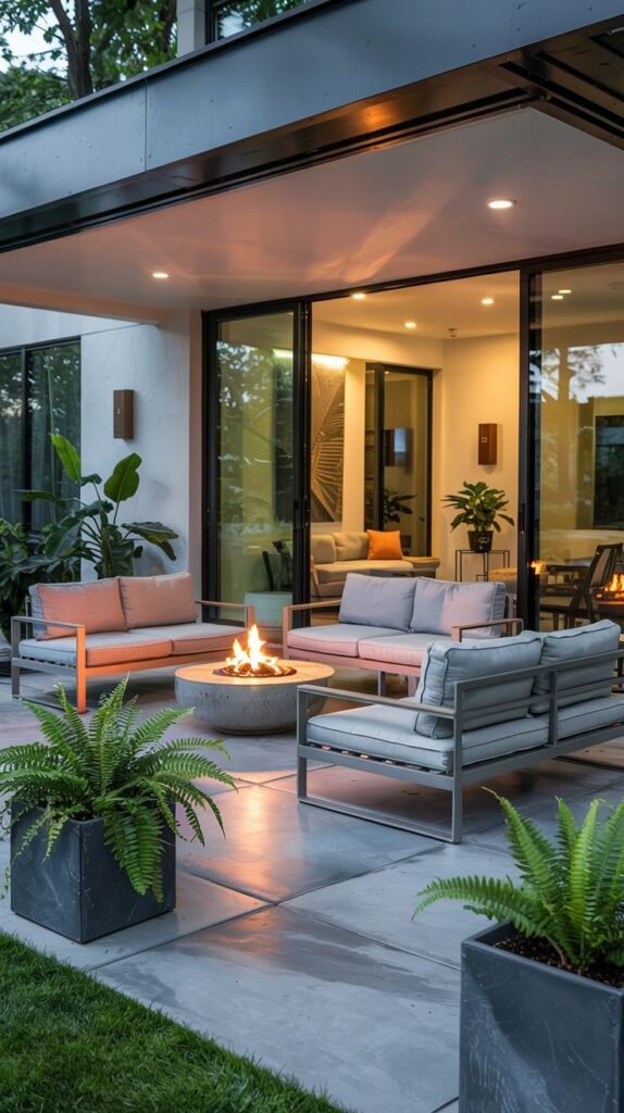 A modern concrete patio outside a contemporary house with large glass doors. A gas fire pit is the centerpiece of a seating area with modern outdoor sofas and chairs. Potted ferns are placed around the patio.