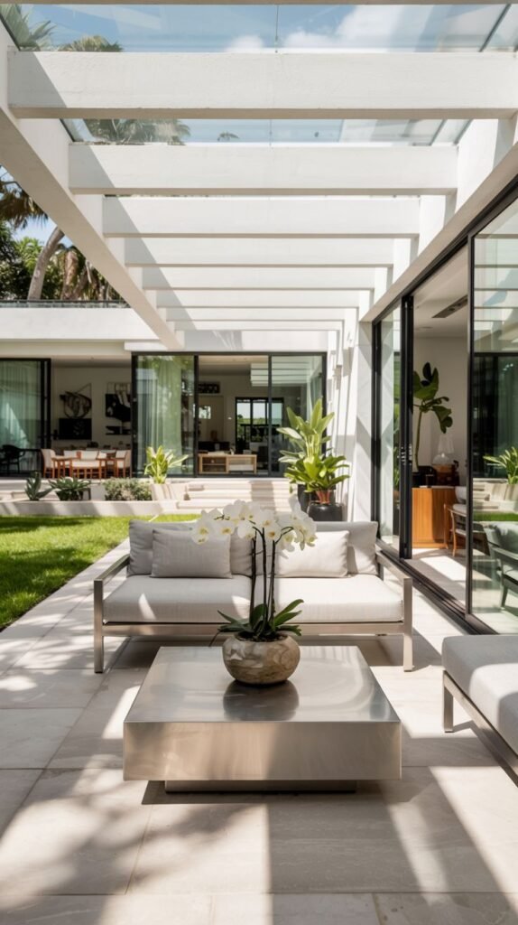 A bright patio area with light-colored tile flooring, covered by a modern white structure with glass panels. The patio is furnished with a minimalist metal sofa and coffee table. An orchid is on the coffee table. The patio overlooks a courtyard with greenery and connects to the interior of the house via large glass doors.