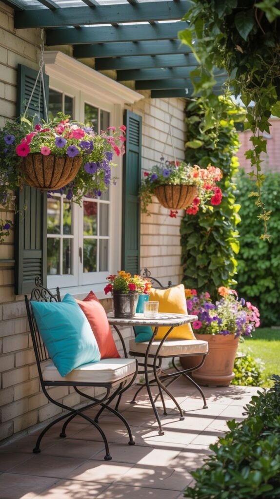 A small patio next to a brick house with green shutters. The patio has a metal table and chairs. Hanging baskets filled with colorful flowers are suspended from a wooden beam extending from the house. Potted plants also decorate the area.