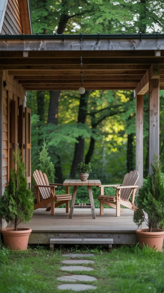 A wooden deck covered by a wooden roof supported by wooden posts, looking out onto a forest. The deck is furnished with two wooden Adirondack chairs and a small wooden table. Potted evergreen plants are placed near the steps leading to the deck.