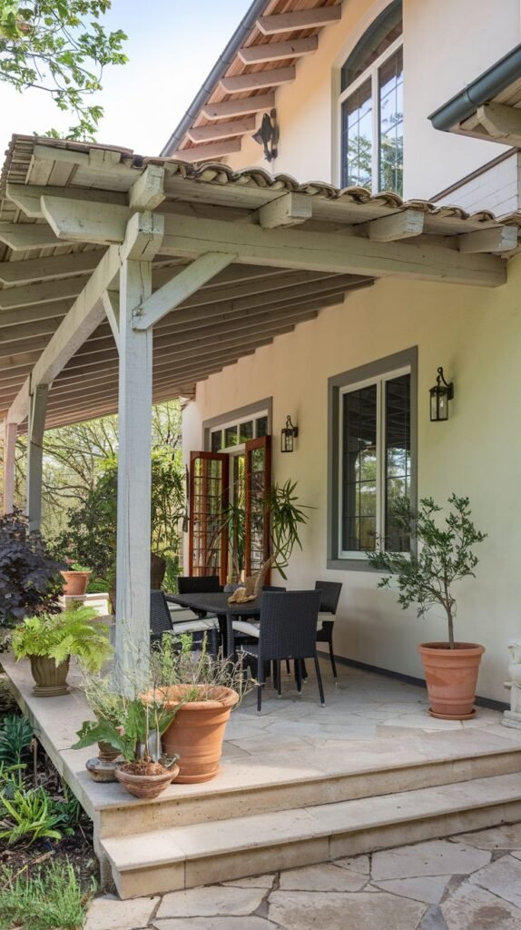 A stone patio with steps leading down from a house. The patio is partially covered by a wooden roof with visible rafters and tile overhang. It has a table and chairs and is decorated with potted plants. The house exterior with windows and lights is visible on the left.