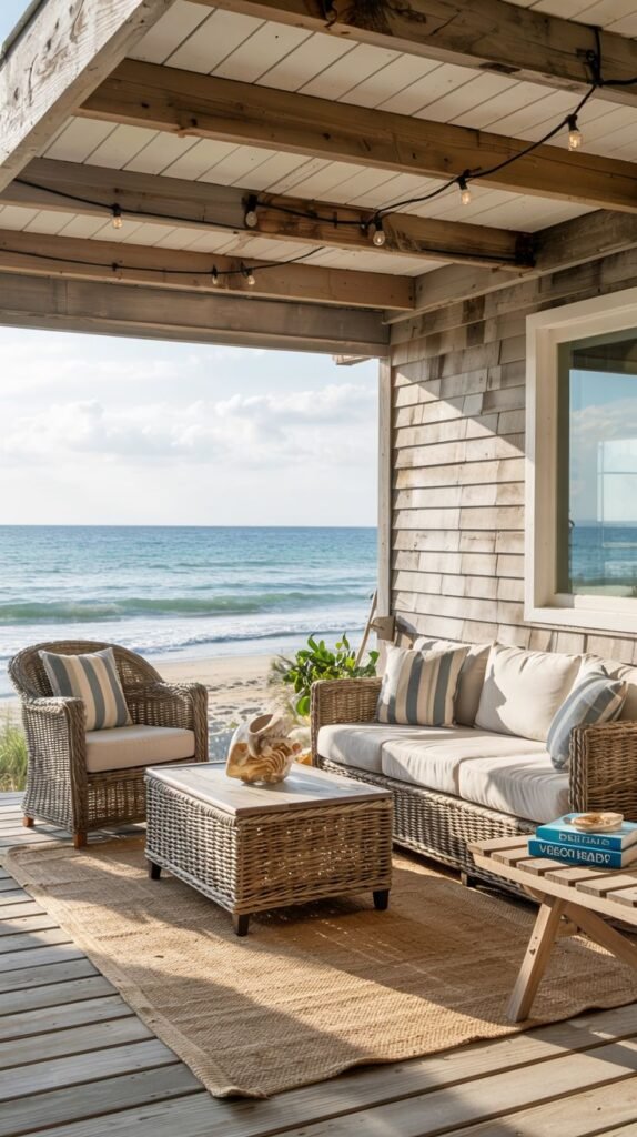 A wooden deck overlooking a beach and the ocean. The deck is covered by a rustic wooden roof with exposed beams. It features comfortable wicker seating including a sofa and chair, arranged around a coffee table and a small side table. String lights are hung overhead.