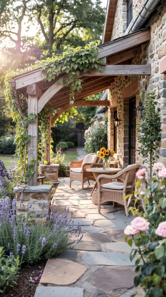A flagstone patio next to a stone house, partially covered by a wooden pergola supported by stone pillars, draped with vines. Comfortable wicker chairs and a small table are set up on the patio. Flowers and lavender plants are in the surrounding garden.