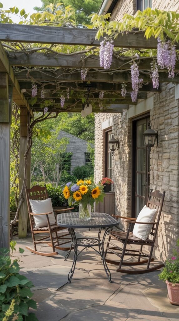 A flagstone patio next to a stone house, partially covered by a wooden pergola covered in flowering vines. Two wooden rocking chairs and a metal table are placed on the patio. A vase of sunflowers is on the table.